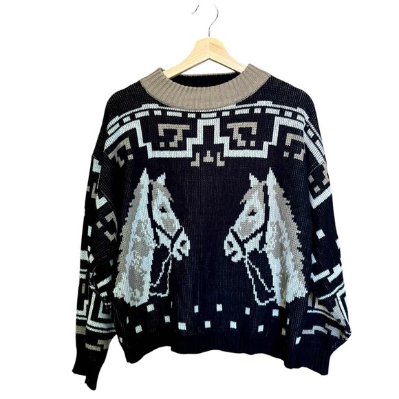 Vintage Genoa By Brenda Lim Knit Horse Western Novelty Sweater RARE size L Korea - Picture 1 of 9